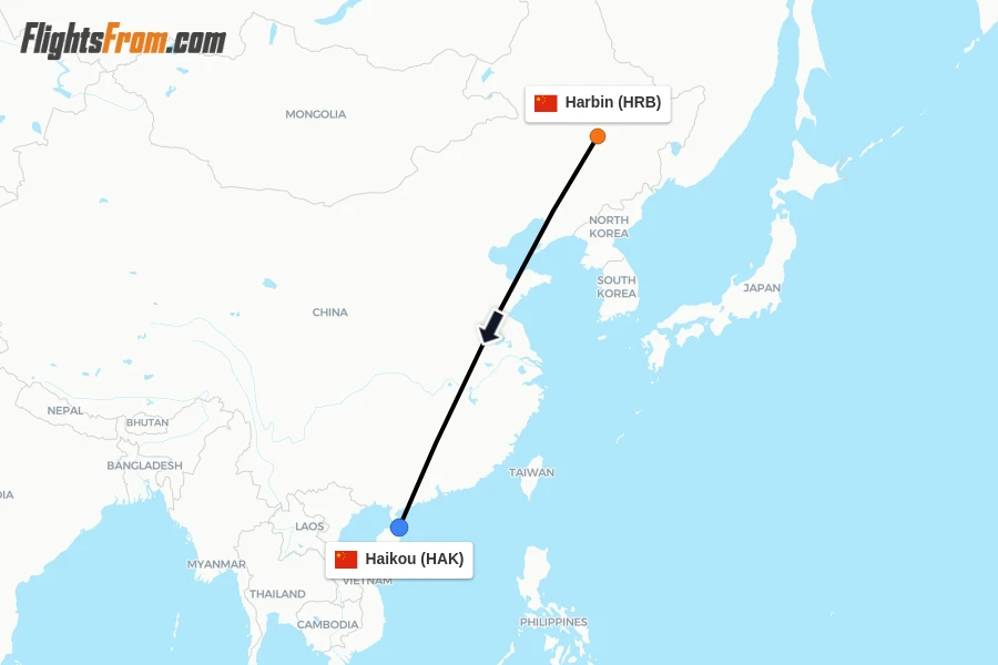 Flights from Harbin to Haikou route map