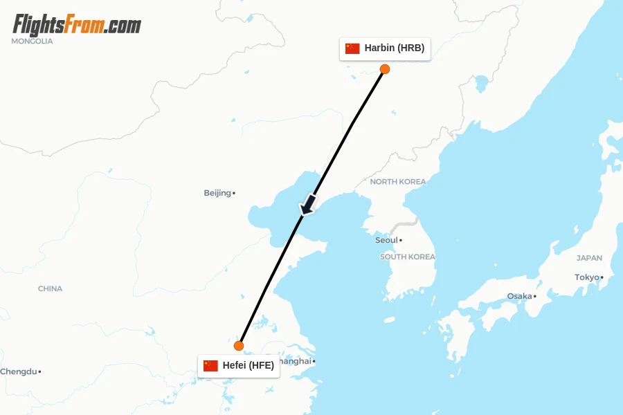 Flights from Harbin to Hefei route map