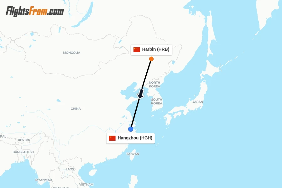 Flights from Harbin to Hangzhou route map