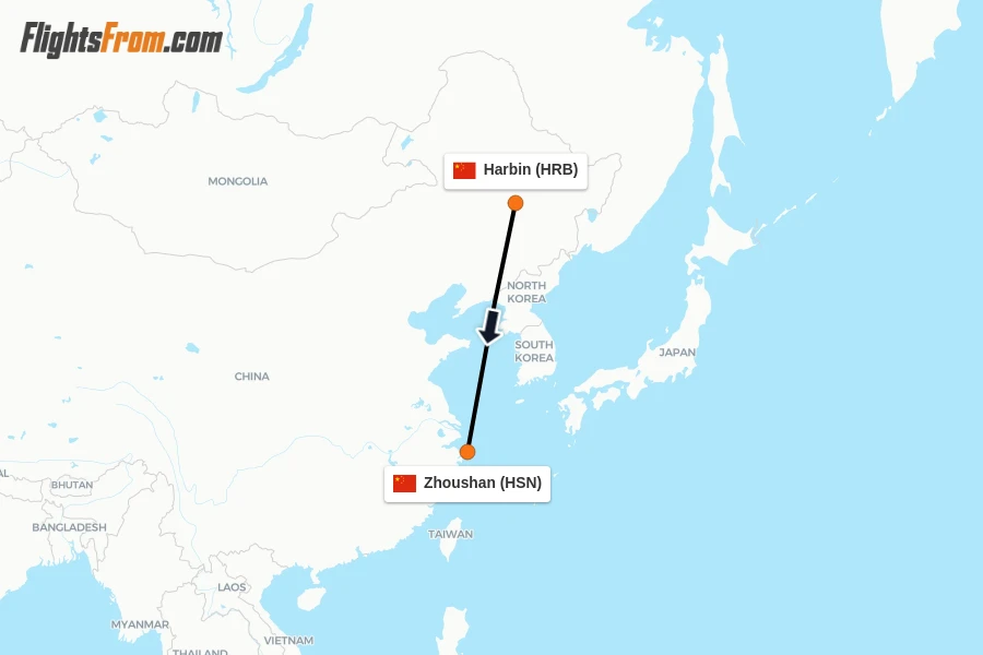 Flights from Harbin to Zhoushan route map