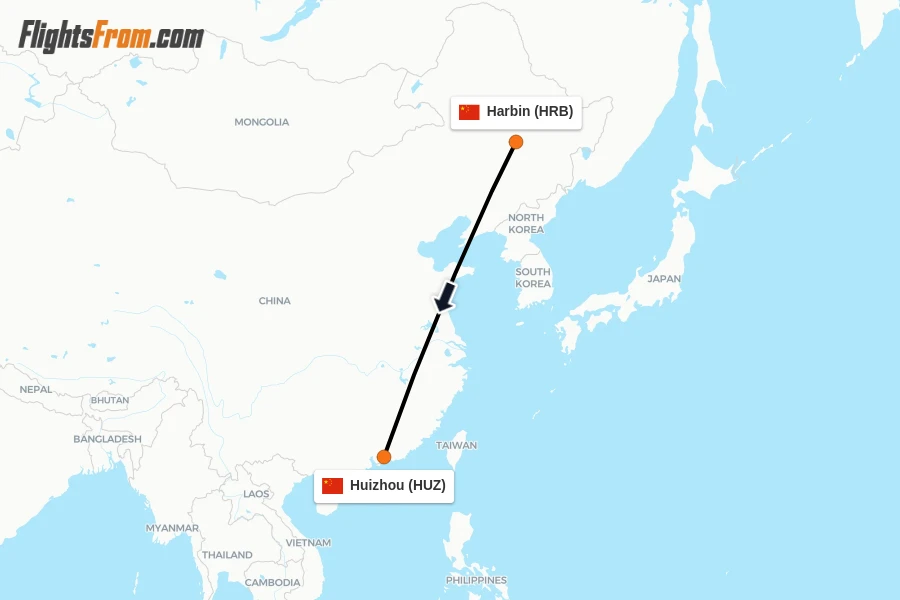 Flights from Harbin to Huizhou route map