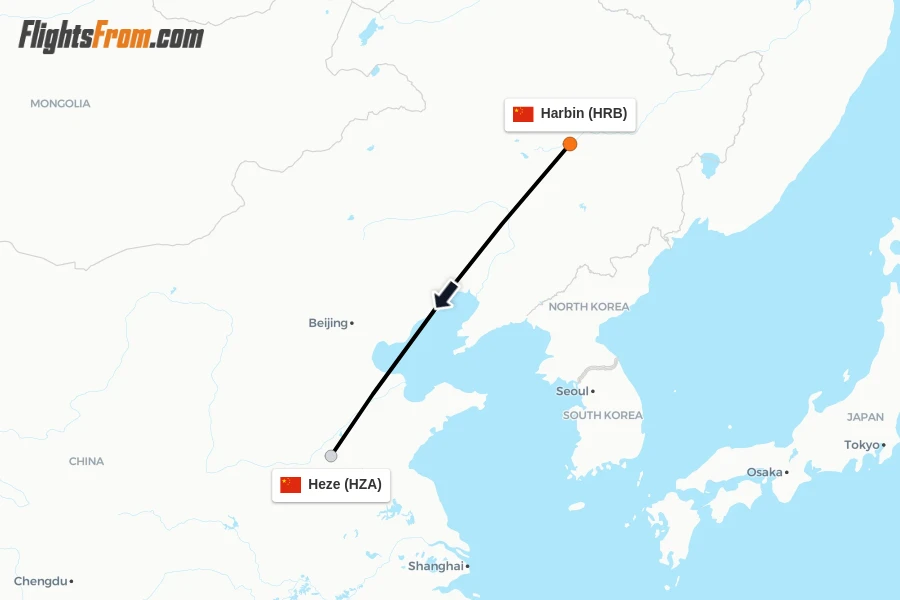 Flights from Harbin to Heze route map