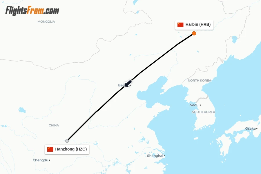 Flights from Harbin to Hanzhong route map