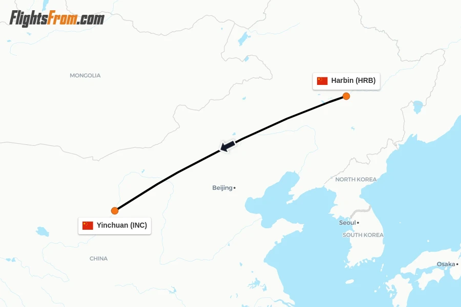 Flights from Harbin to Yinchuan route map