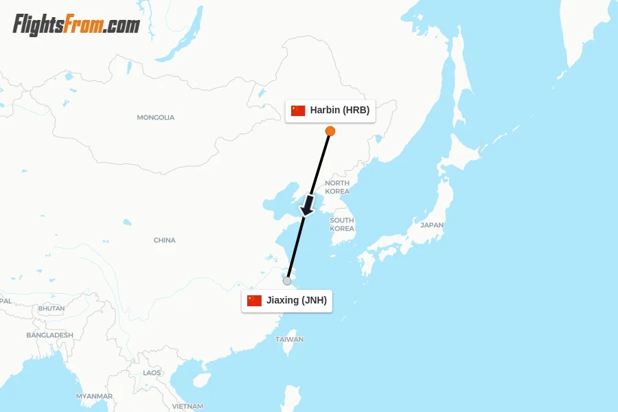 Flights from Harbin to Jiaxing route map