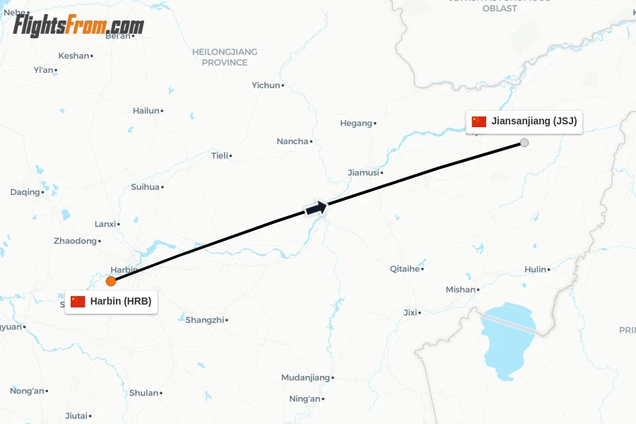 Flights from Harbin to Jiansanjiang route map