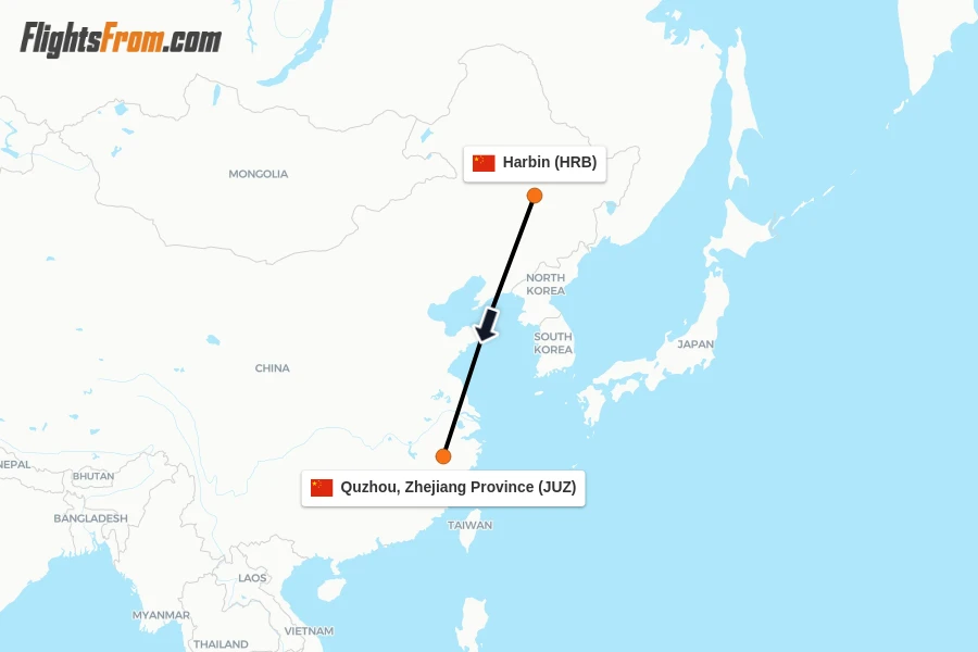 Flights from Harbin to Quzhou, Zhejiang Province route map