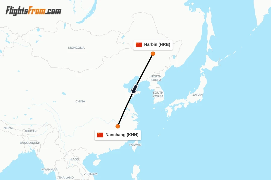 Flights from Harbin to Nanchang route map