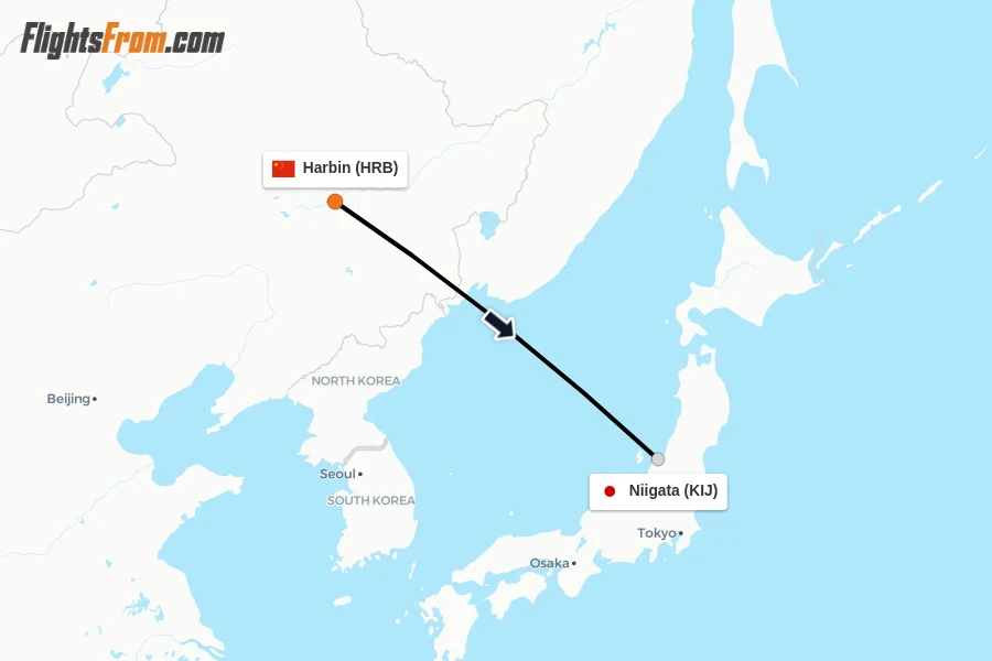 Flights from Harbin to Niigata route map