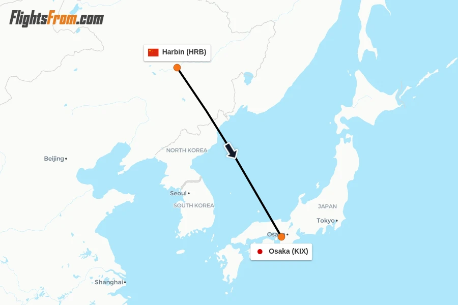 Flights from Harbin to Osaka route map