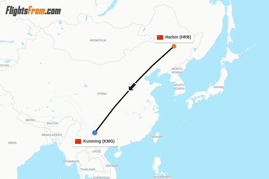Flights from Harbin to Kunming route map