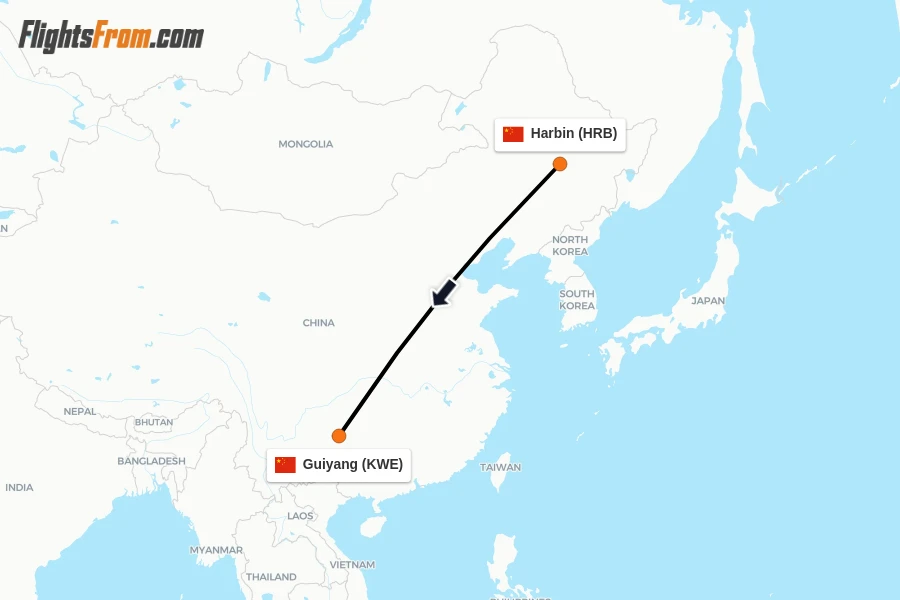 Flights from Harbin to Guiyang route map