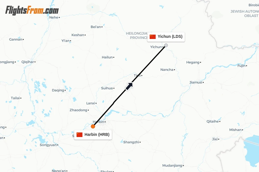 Flights from Harbin to Yichun route map