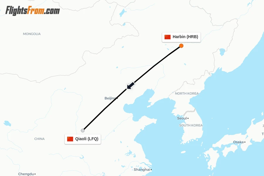 Flights from Harbin to Qiaoli route map