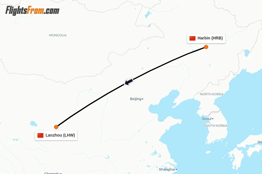 Flights from Harbin to Lanzhou route map