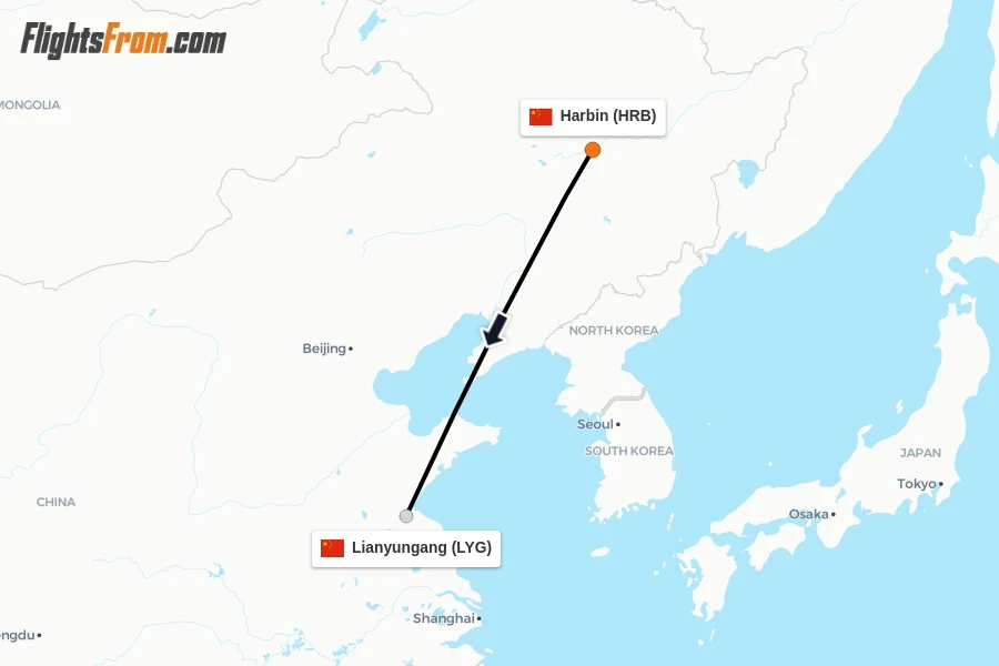 Flights from Harbin to Lianyungang route map
