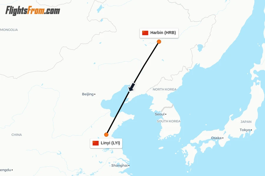 Flights from Harbin to Linyi route map