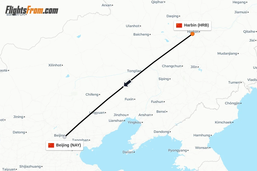 Flights from Harbin to Beijing route map