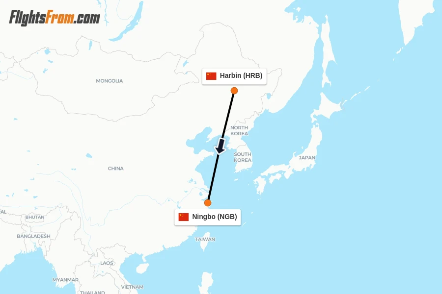 Flights from Harbin to Ningbo route map