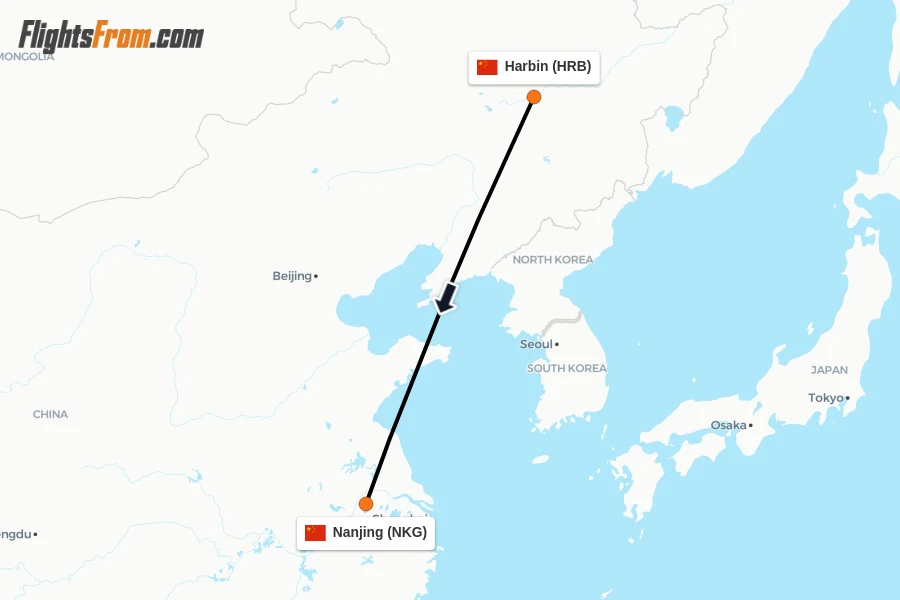 Flights from Harbin to Nanjing route map