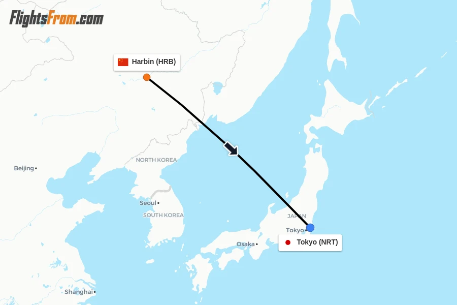 Flights from Harbin to Tokyo route map