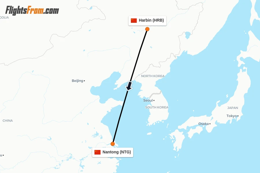 Flights from Harbin to Nantong route map