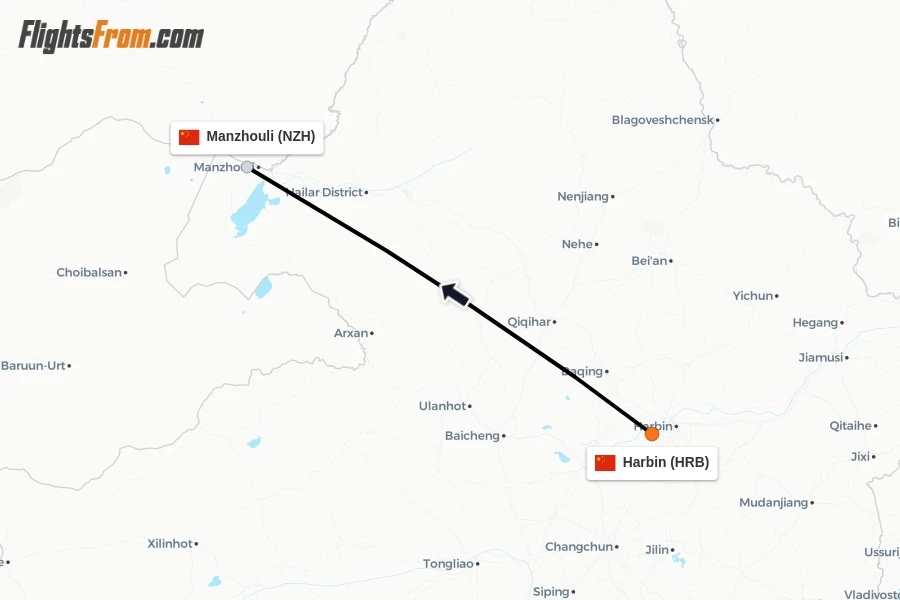 Flights from Harbin to Manzhouli route map