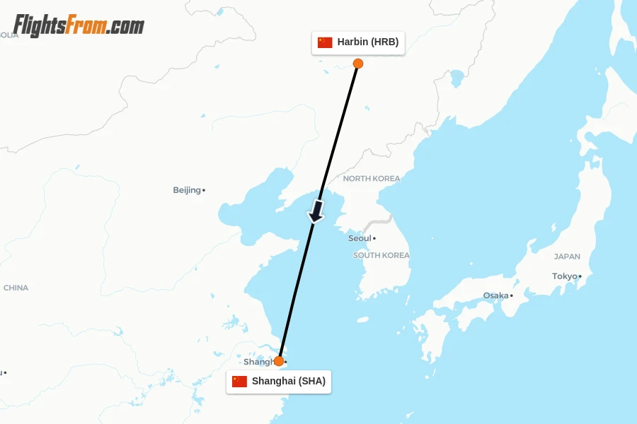 Flights from Harbin to Shanghai route map