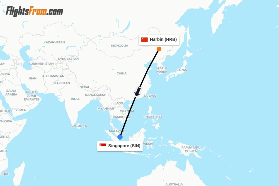 Flights from Harbin to Singapore route map