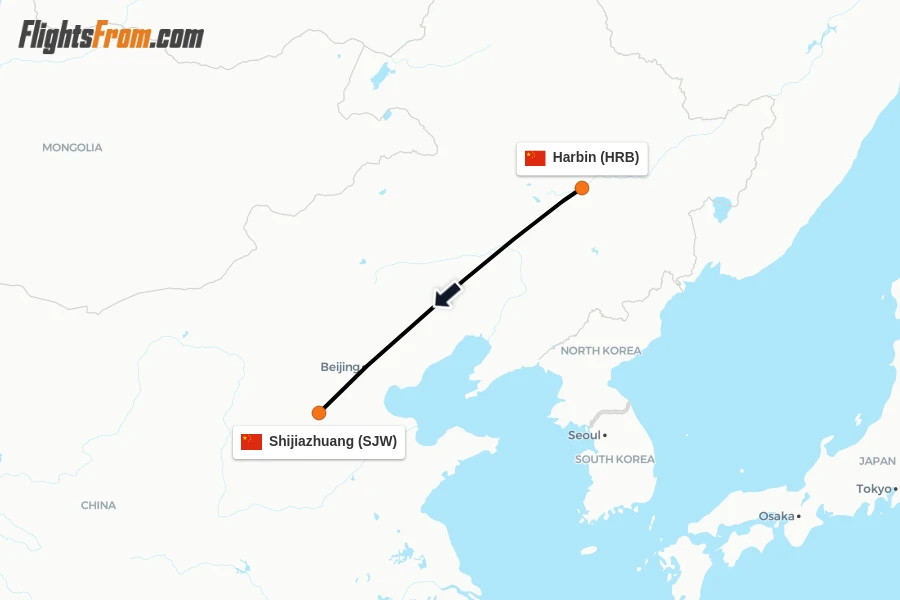 Flights from Harbin to Shijiazhuang route map