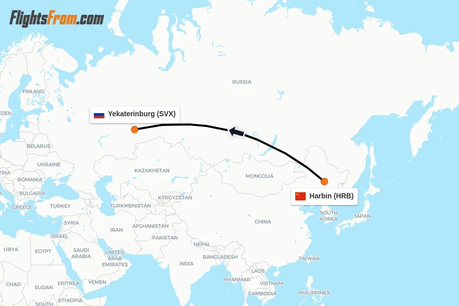 Flights from Harbin to Yekaterinburg route map