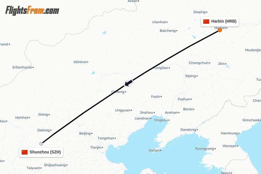 Flights from Harbin to Shuozhou route map