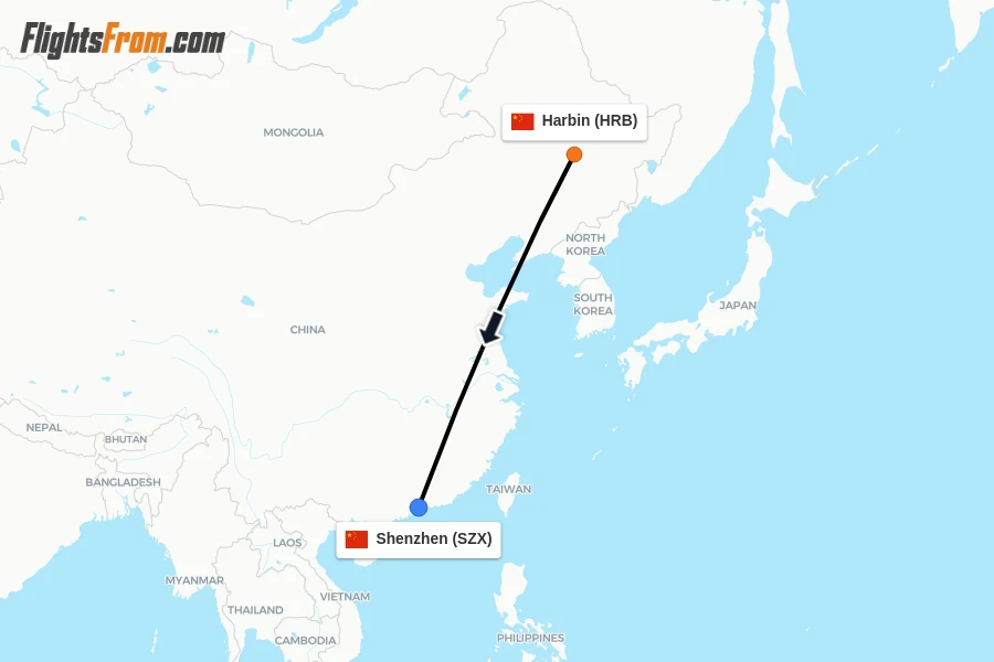 Flights from Harbin to Shenzhen route map