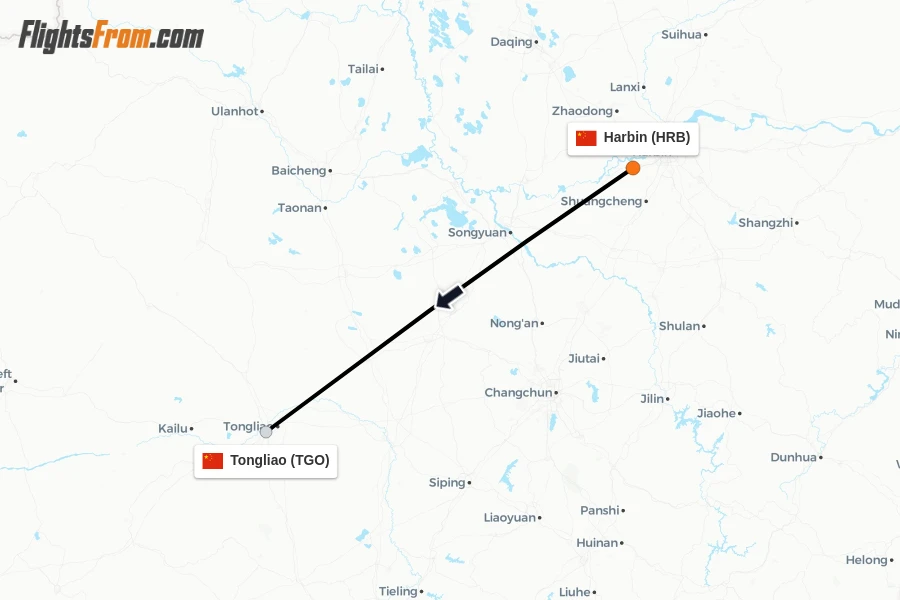 Flights from Harbin to Tongliao route map