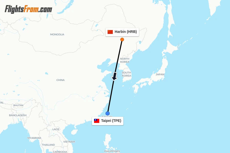 Flights from Harbin to Taipei route map