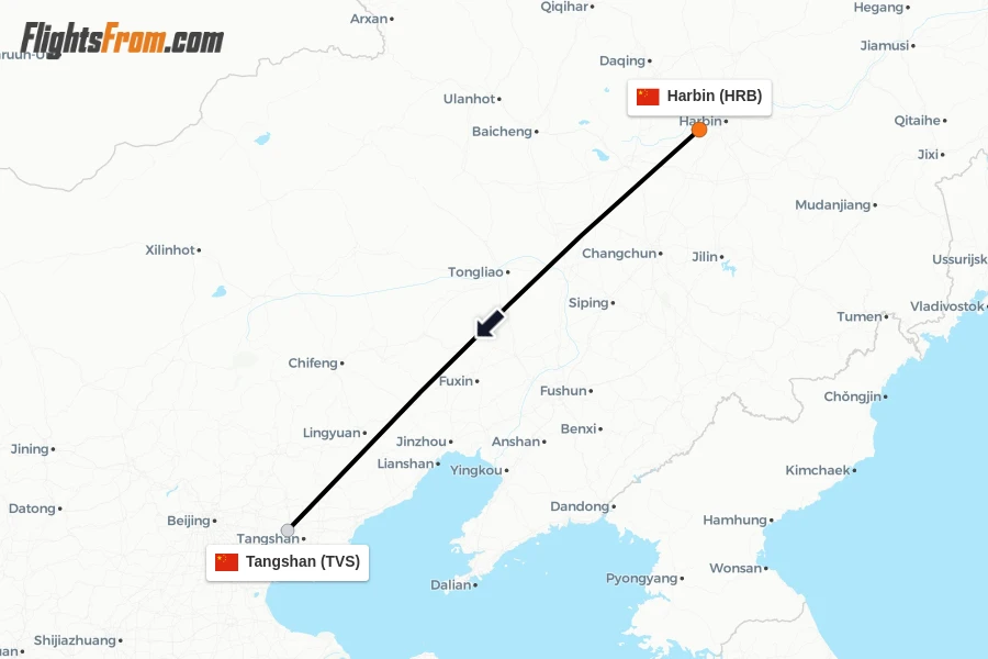 Flights from Harbin to Tangshan route map