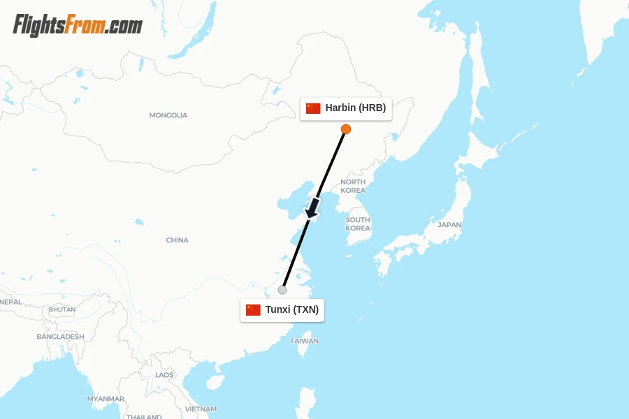 Flights from Harbin to Tunxi route map