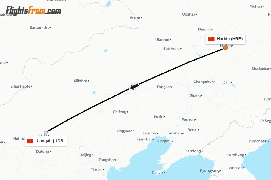 Flights from Harbin to Ulanqab route map