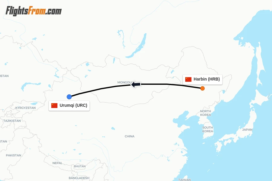 Flights from Harbin to Urumqi route map
