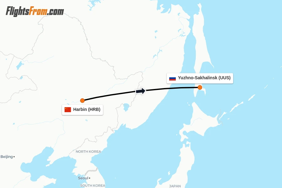 Flights from Harbin to Yuzhno-Sakhalinsk route map