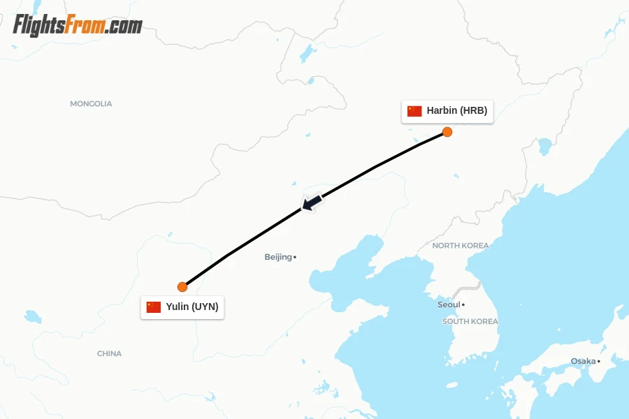 Flights from Harbin to Yulin route map