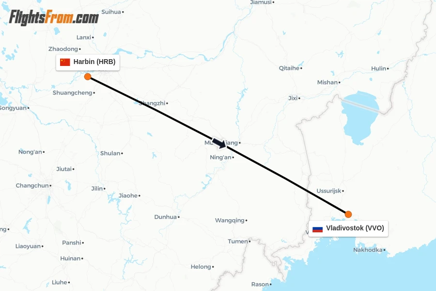 Flights from Harbin to Vladivostok route map