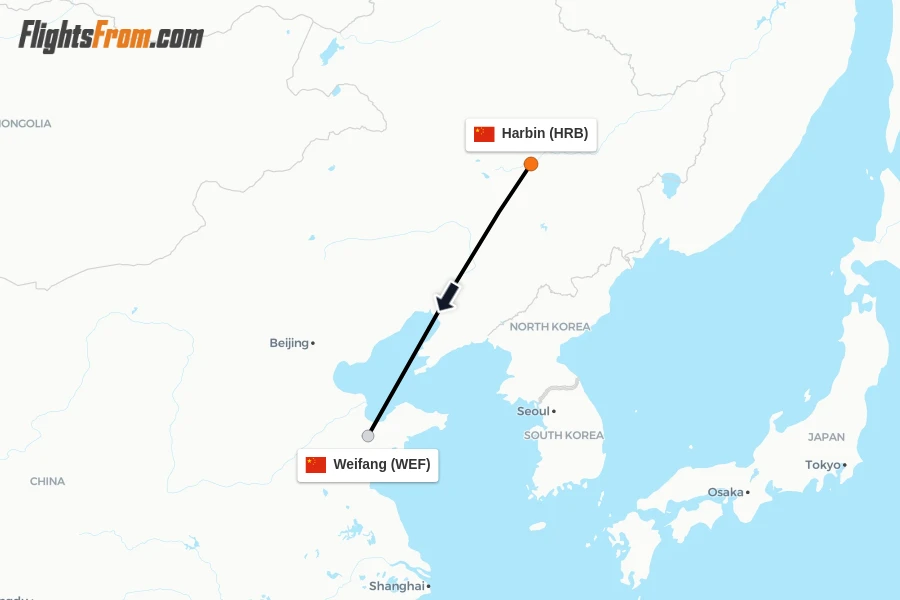 Flights from Harbin to Weifang route map