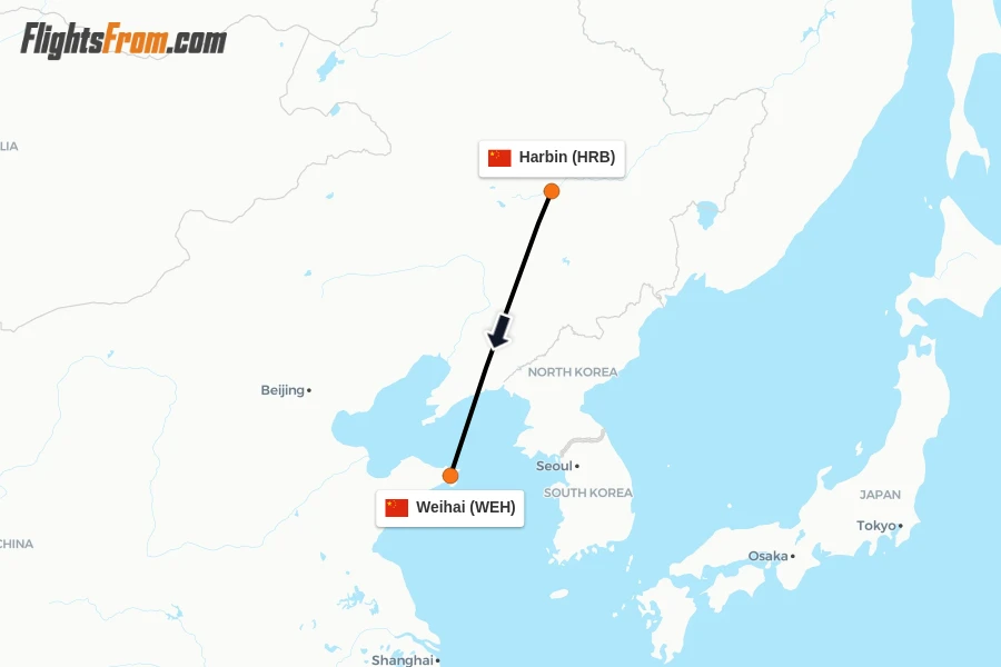 Flights from Harbin to Weihai route map