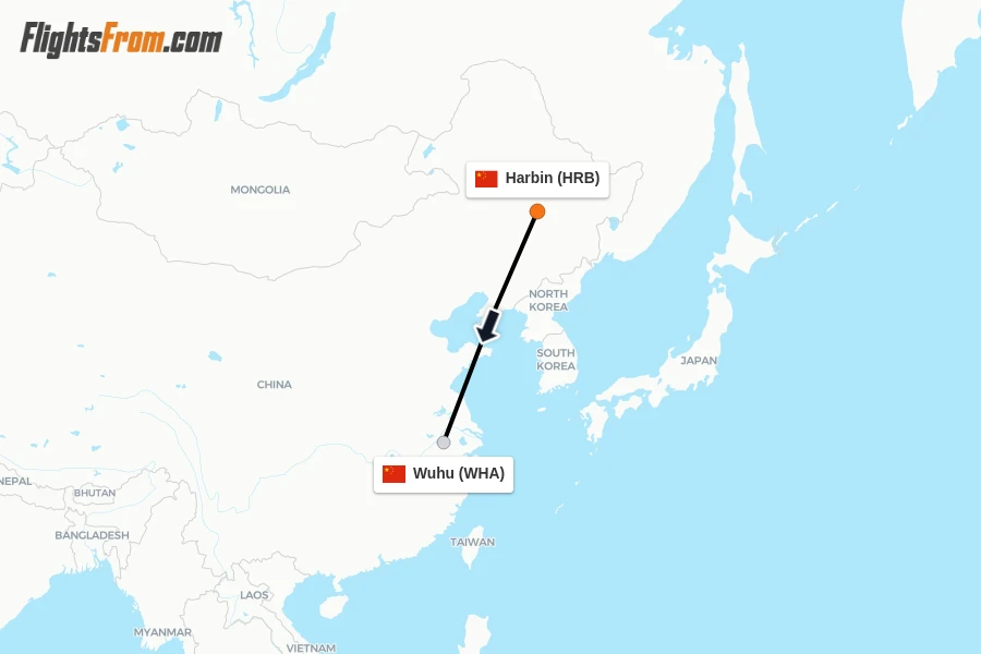 Flights from Harbin to Wuhu route map