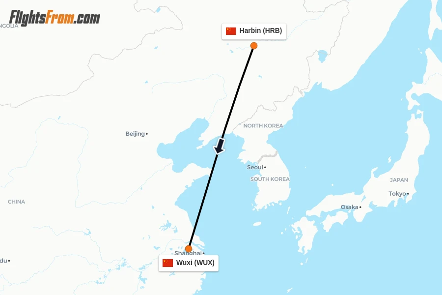 Flights from Harbin to Wuxi route map