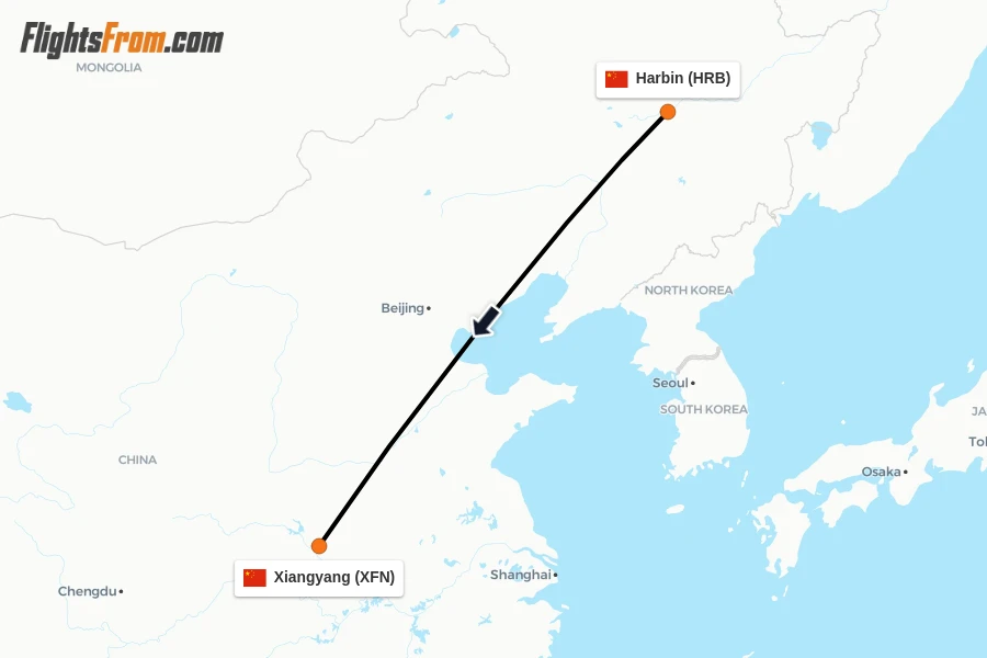 Flights from Harbin to Xiangyang route map