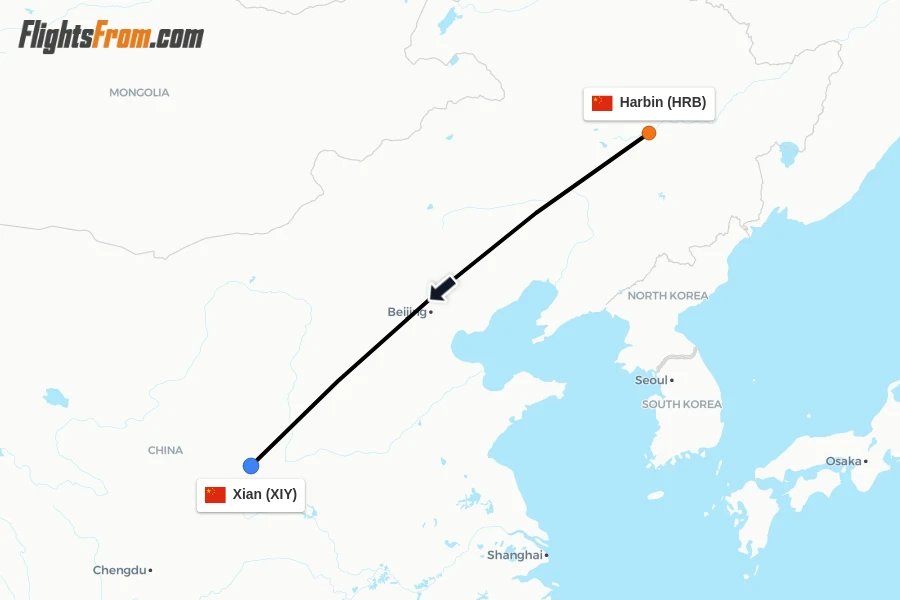 Flights from Harbin to Xian route map
