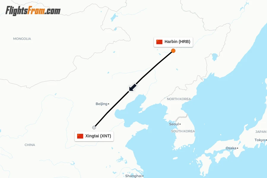 Flights from Harbin to Xingtai route map