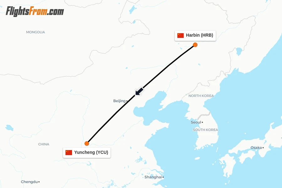 Flights from Harbin to Yuncheng route map